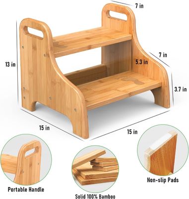 202406 Bamboo Learning Tower Wood 2 Step Stool with Bonus Safety Non-Slip Mats and Handles Reinforced for Gift Craft
