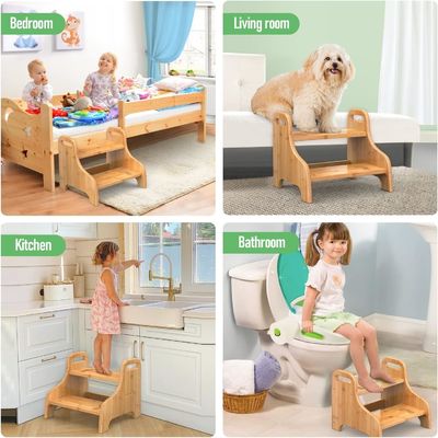 202406 Bamboo Learning Tower Wood 2 Step Stool with Bonus Safety Non-Slip Mats and Handles Reinforced for Gift Craft