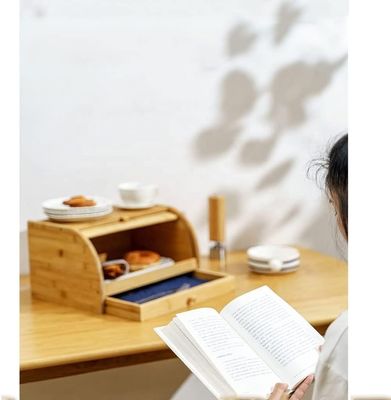 Silk-Screen Printed Bamboo Wooden Kitchen Bread Holder with Double Roll Top Lid