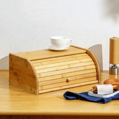 Silk-Screen Printed Bamboo Wooden Kitchen Bread Holder with Double Roll Top Lid