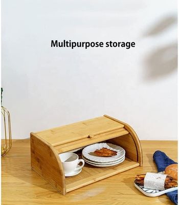 Silk-Screen Printed Bamboo Wooden Kitchen Bread Holder with Double Roll Top Lid