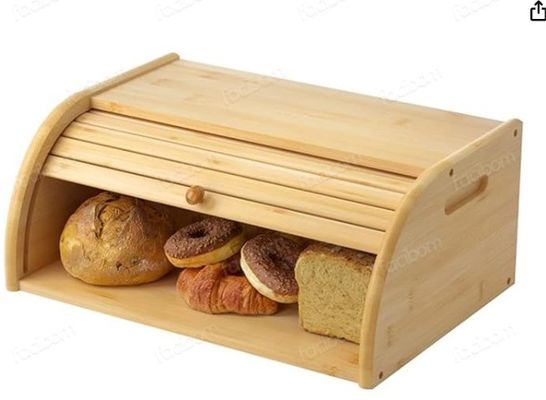 Silk-Screen Printed Bamboo Wooden Kitchen Bread Holder with Double Roll Top Lid