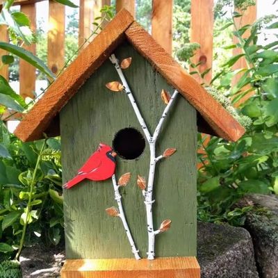 Hand Painted Cardinal And Birch Trees TIMBER Wood Birdhouse For Bird Conservationists