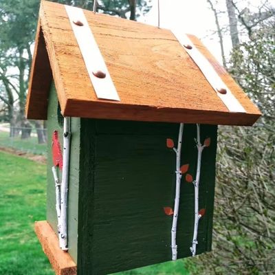 Hand Painted Cardinal And Birch Trees TIMBER Wood Birdhouse For Bird Conservationists