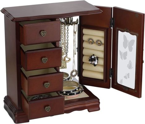 Pine Wood Color 4-Drawer Wooden Jewelry Box for Ring Storage and Makeup Organization