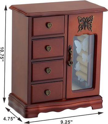 Pine Wood Color 4-Drawer Wooden Jewelry Box for Ring Storage and Makeup Organization