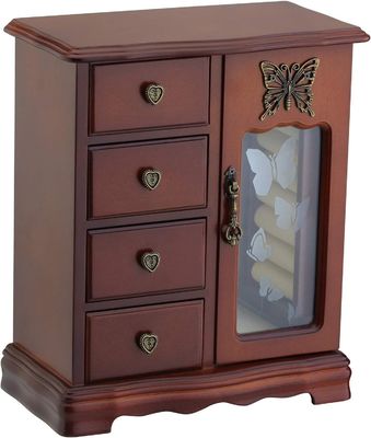 Pine Wood Color 4-Drawer Wooden Jewelry Box for Ring Storage and Makeup Organization