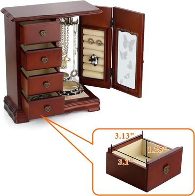 Pine Wood Color 4-Drawer Wooden Jewelry Box for Ring Storage and Makeup Organization