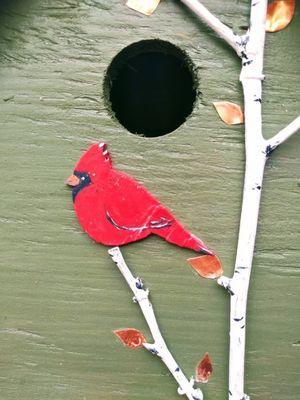 Hand Painted Cardinal And Birch Trees TIMBER Wood Birdhouse For Bird Conservationists