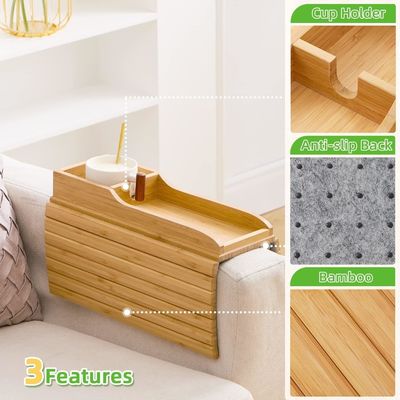 Portable Couch Arm Tray Table Natural Bamboo Sofa Couch Cup Holder with Glossy Lamination