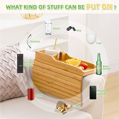 Portable Couch Arm Tray Table Natural Bamboo Sofa Couch Cup Holder with Glossy Lamination