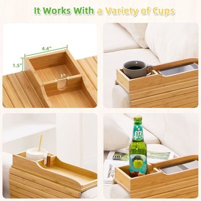 Portable Couch Arm Tray Table Natural Bamboo Sofa Couch Cup Holder with Glossy Lamination