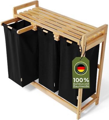 24x13x22cm Handmade Bamboo Laundry Basket Hamper with Two-Section Removable Sliding Bags