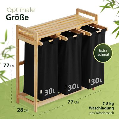 24x13x22cm Handmade Bamboo Laundry Basket Hamper with Two-Section Removable Sliding Bags