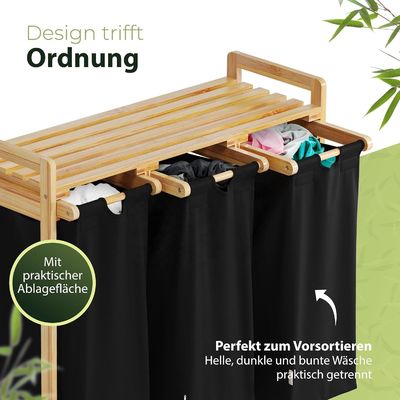 24x13x22cm Handmade Bamboo Laundry Basket Hamper with Two-Section Removable Sliding Bags