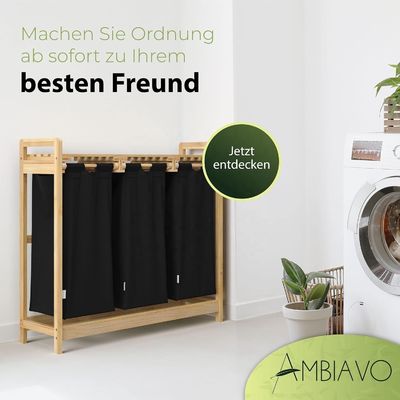 24x13x22cm Handmade Bamboo Laundry Basket Hamper with Two-Section Removable Sliding Bags