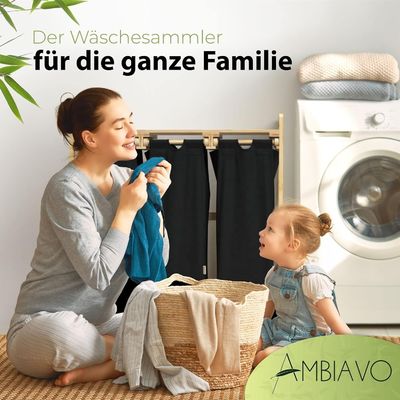 24x13x22cm Handmade Bamboo Laundry Basket Hamper with Two-Section Removable Sliding Bags
