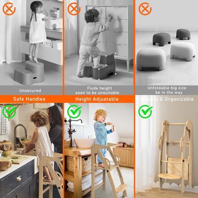 Customized Logo Acceptable Wooden Kitchen Step Stool Helper Standing Tower for Toddlers