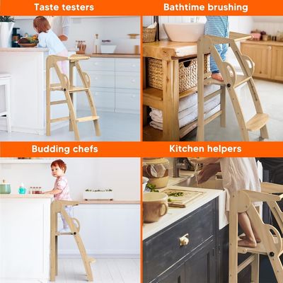 Customized Logo Acceptable Wooden Kitchen Step Stool Helper Standing Tower for Toddlers