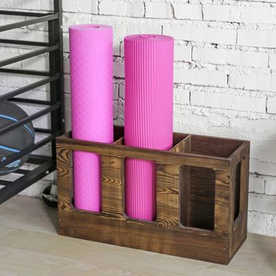 Wall Mounted Solid Burnt Wood Yoga Mat Holder Fitness Gym Foam Roller Storage Organizer Sports Exercise Mat Rack