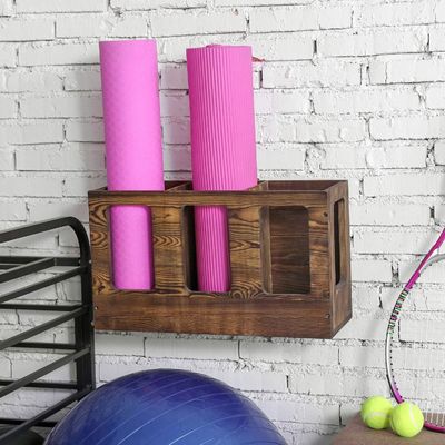 Wall Mounted Solid Burnt Wood Yoga Mat Holder Fitness Gym Foam Roller Storage Organizer Sports Exercise Mat Rack