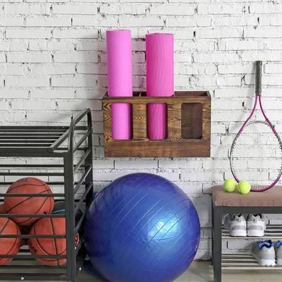 Wall Mounted Solid Burnt Wood Yoga Mat Holder Fitness Gym Foam Roller Storage Organizer Sports Exercise Mat Rack