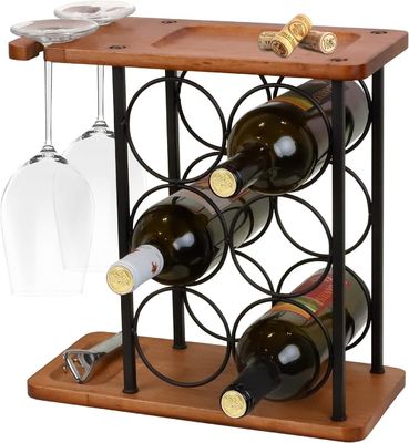 Embossed Wooden Countertop Wine Rack with Tray Handmade Holds 6 Bottles and 2 Glasses