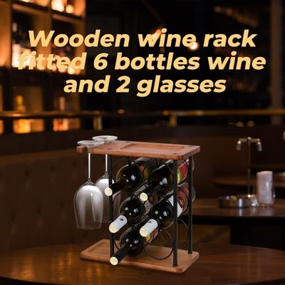 Embossed Wooden Countertop Wine Rack with Tray Handmade Holds 6 Bottles and 2 Glasses