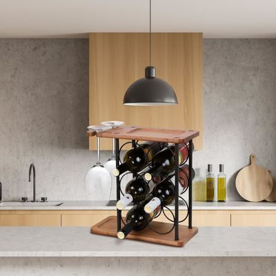 Embossed Wooden Countertop Wine Rack with Tray Handmade Holds 6 Bottles and 2 Glasses