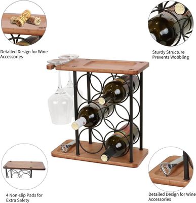 Embossed Wooden Countertop Wine Rack with Tray Handmade Holds 6 Bottles and 2 Glasses