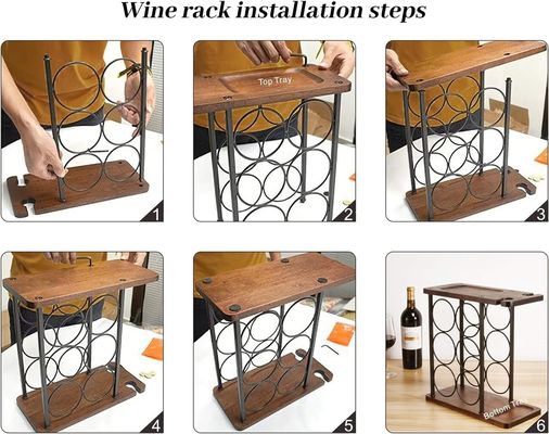 Embossed Wooden Countertop Wine Rack with Tray Handmade Holds 6 Bottles and 2 Glasses