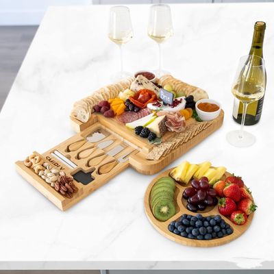 Customized Bamboo Natural Color Cheese Board And Knife Set Charcuterie Boards Gift Set