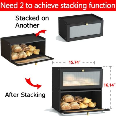 Gift Package 2-Layer Large Modern Bamboo Black Bread Box Wood Bread Storage Bin With Window