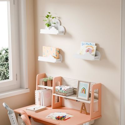 Handmade Wooden White Cloud Bookshelf Decorative Wall Mounted Shelf with Small Figure