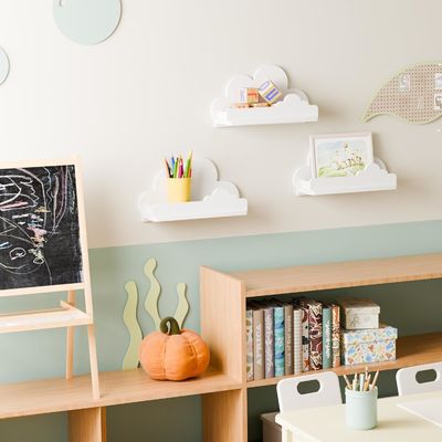 Handmade Wooden White Cloud Bookshelf Decorative Wall Mounted Shelf with Small Figure