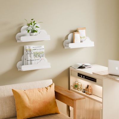 Handmade Wooden White Cloud Bookshelf Decorative Wall Mounted Shelf with Small Figure