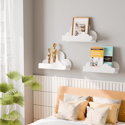 Handmade Wooden White Cloud Bookshelf Decorative Wall Mounted Shelf with Small Figure