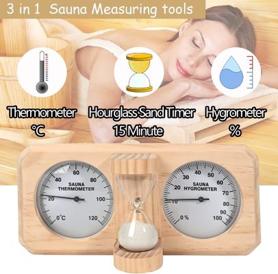 Modern Design 3 in 1 Wooden Sauna Thermometer and Hygrometer with 15 Minute Hourglass Sand Timer