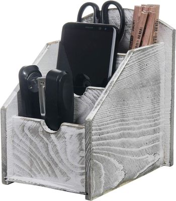 Office Supply Storage Rack Wooden Remote Control Frame Media Organizer in Rustic Style