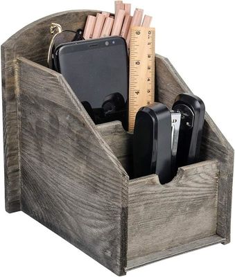 Office Supply Storage Rack Wooden Remote Control Frame Media Organizer in Rustic Style