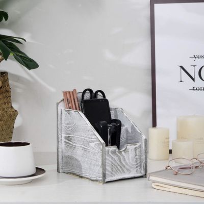 Office Supply Storage Rack Wooden Remote Control Frame Media Organizer in Rustic Style