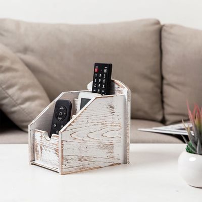 Office Supply Storage Rack Wooden Remote Control Frame Media Organizer in Rustic Style