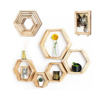 Set of 5 Hexagon Floating Shelves with Custom Burned Design and Photo Frame