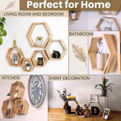 Set of 5 Hexagon Floating Shelves with Custom Burned Design and Photo Frame