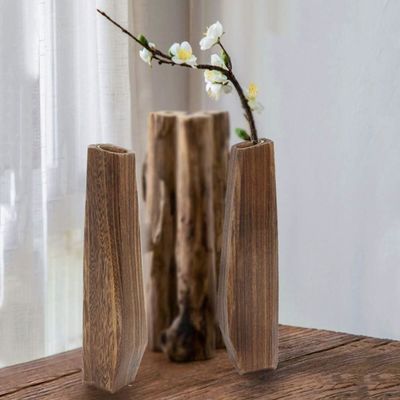Indoor Decorations Wooden Vase with Handmade Design and Pure Color Glass Holder