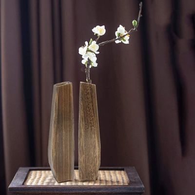 Indoor Decorations Wooden Vase with Handmade Design and Pure Color Glass Holder