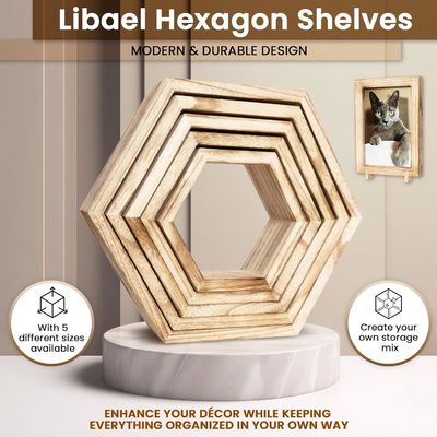 Set of 5 Hexagon Floating Shelves with Custom Burned Design and Photo Frame