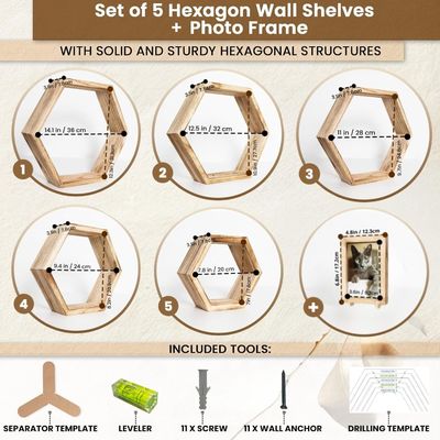 Set of 5 Hexagon Floating Shelves with Custom Burned Design and Photo Frame