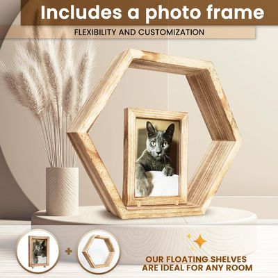 Set of 5 Hexagon Floating Shelves with Custom Burned Design and Photo Frame