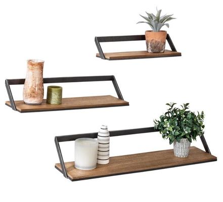 Customized Logo Home Decoration Set Of 3 Black/Natural Wooden Wall Shelves Hanging Display Shelves